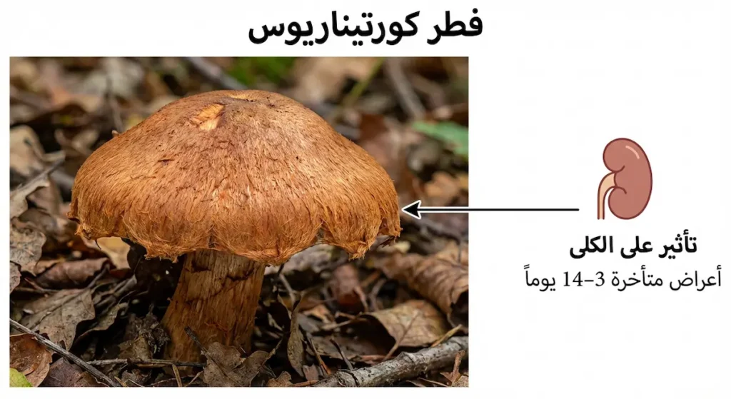  فطر بني محمر في غابة مع تسميات عربية تشير إلى تأثير على الكلى وأعراض متأخرة 3–14 يوماً.