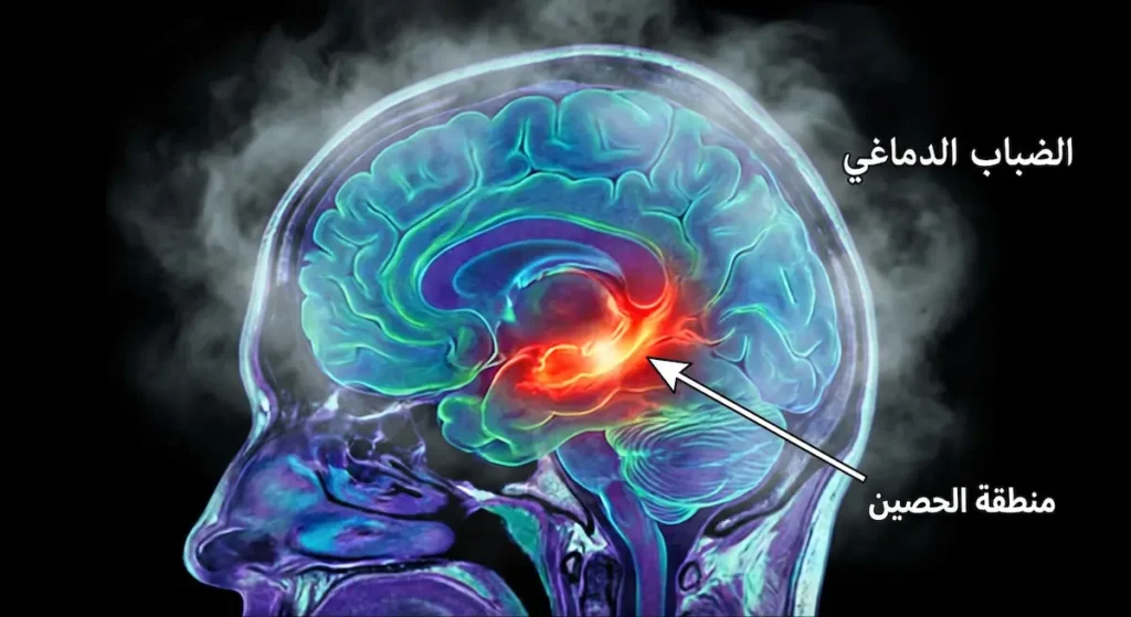 صورة دماغ توضح منطقة الحصين وتأثير الكورتيزول على الذاكرة.