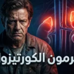 تصميم يظهر رجلاً متوتراً مع رسم تشريحي للغدة الكظرية وعنوان هرمون الكورتيزول