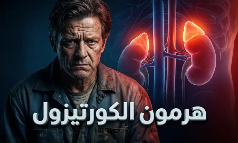 تصميم يظهر رجلاً متوتراً مع رسم تشريحي للغدة الكظرية وعنوان هرمون الكورتيزول