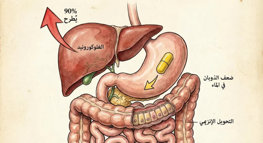 رسم تشريحي يوضح مسار الكركمين في الجهاز الهضمي والعوائق الثلاثة التي تمنع امتصاصه: ضعف الذوبان وتحويل الأمعاء والغلوكورونيد في الكبد