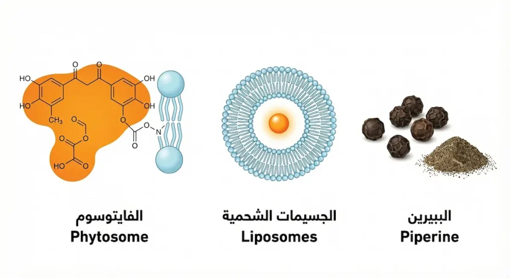  ثلاث تقنيات لتحسين امتصاص الكركمين: البيبيرين من الفلفل الأسود، الجسيمات الشحمية، وتقنية الفايتوسوم