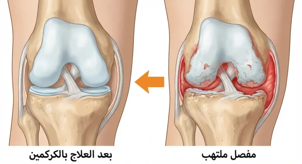 مقارنة تشريحية بين مفصل ركبة ملتهب ومفصل تحسنت حالته بعد العلاج بالكركمين