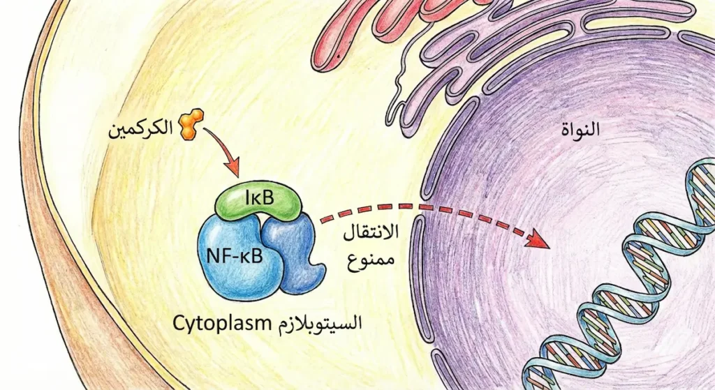 رسم خلوي يوضح كيف يمنع الكركمين عامل النسخ NF-κB من الانتقال إلى النواة عبر الحفاظ على ارتباطه بالبروتين المثبط IκB