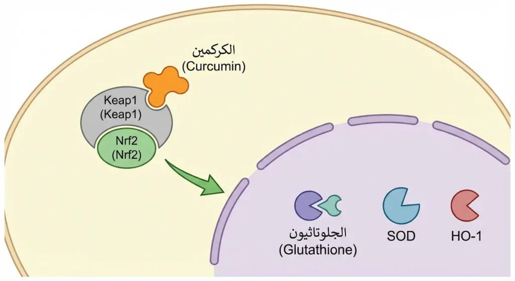 رسم خلوي يوضح كيف يحرر الكركمين عامل Nrf2 من بروتين Keap1 ليدخل النواة ويفعل إنزيمات الدفاع: الجلوتاثيون وSOD وHO-1