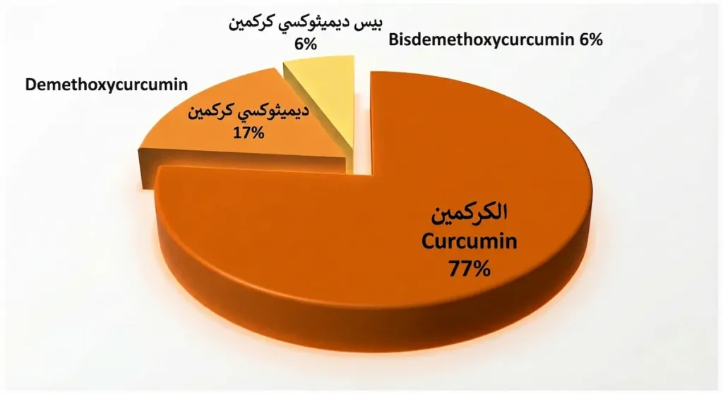 رسم بياني دائري يوضح نسب المركبات الكركومينويدية الثلاثة: الكركمين 77% وديميثوكسي كركمين 17% وبيس ديميثوكسي كركمين 6%