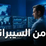 متخصص في الأمن السيبراني يعمل أمام شاشات متعددة في مركز عمليات أمنية