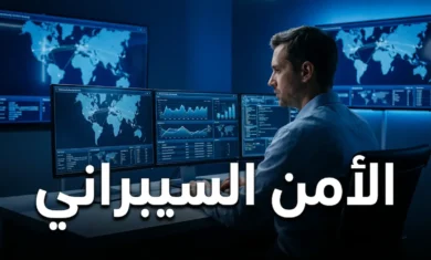 متخصص في الأمن السيبراني يعمل أمام شاشات متعددة في مركز عمليات أمنية