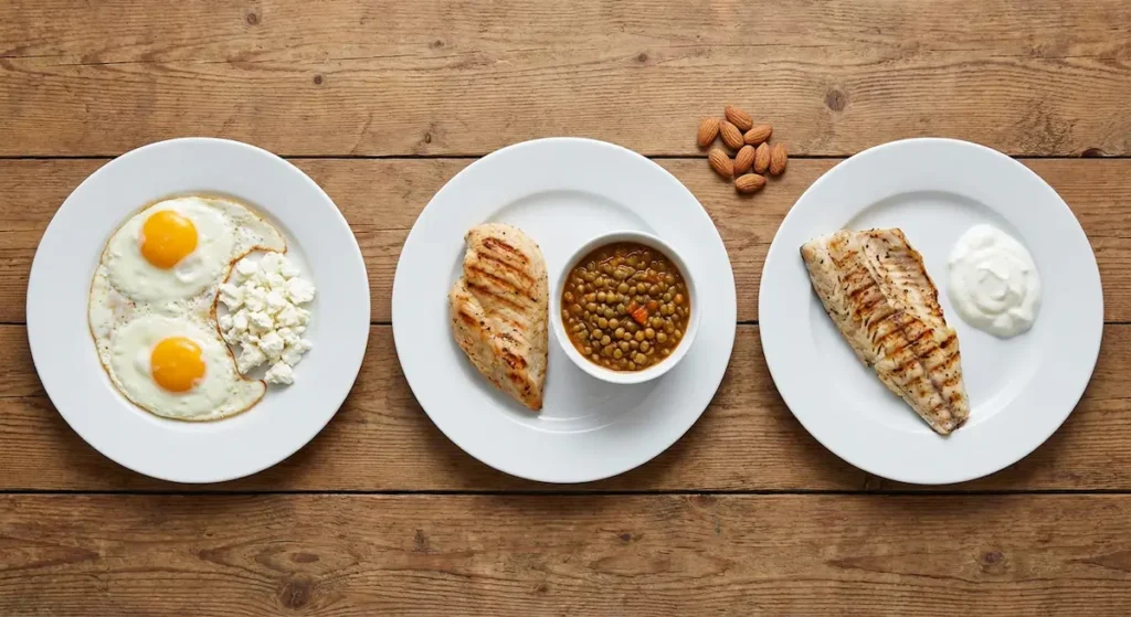 ثلاث وجبات يومية غنية بالبروتين: إفطار بالبيض والجبن، غداء بالدجاج والعدس، عشاء بالسمك والزبادي، مع وجبة خفيفة من اللوز