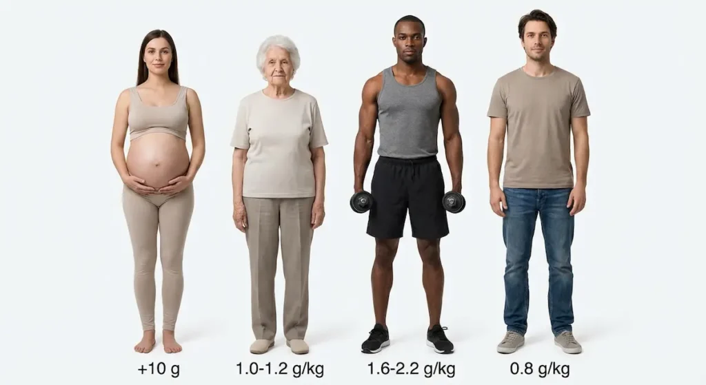  رسم توضيحي يُظهر أربع فئات من الأشخاص مع احتياجاتهم اليومية من البروتين: البالغ العادي والرياضي وكبير السن والحامل