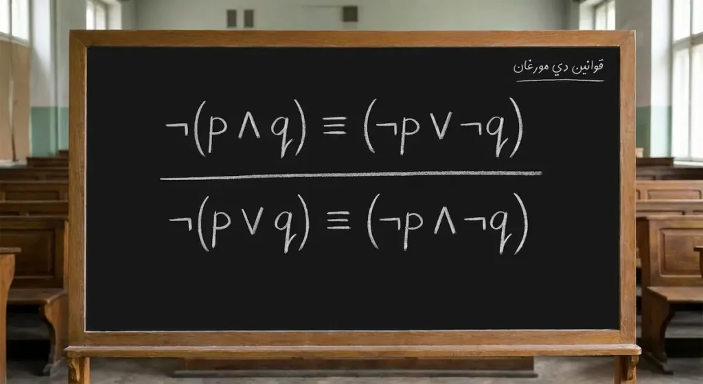 سبورة سوداء مكتوب عليها قانونا دي مورغان بالطباشير الأبيض مع عنوان قوانين دي مورغان