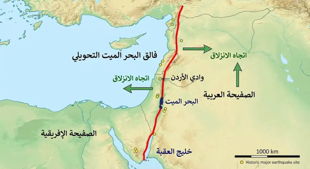  خريطة جيولوجية توضح امتداد فالق البحر الميت التحويلي من خليج العقبة حتى جنوب تركيا مع مواقع الزلازل التاريخية