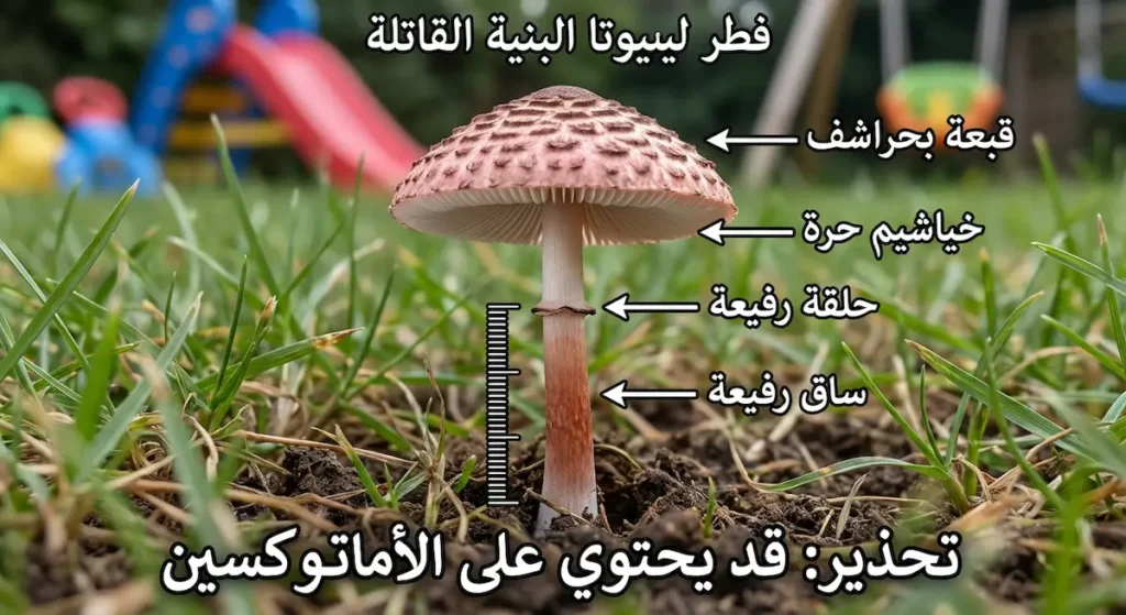 فطر صغير بين العشب مع تسميات عربية توضح القبعة بحراشف والخياشيم الحرة والحلقة الرفيعة وتحذير من الأماتوكسين.