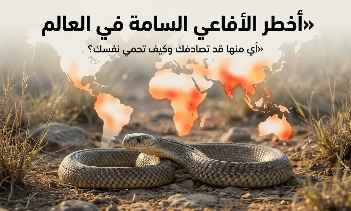 غلاف مقال يوضح أفعى سامة وخريطة عالمية مبسطة مع عنوان “أخطر الأفاعي السامة في العالم”