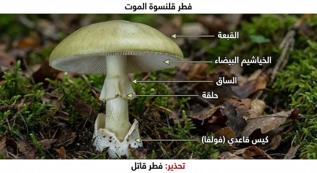  صورة ماكرو لفطر قلنسوة الموت مع تسميات عربية للأجزاء: القبعة، الخياشيم البيضاء، الساق، حلقة، كيس قاعدي (فولفا).