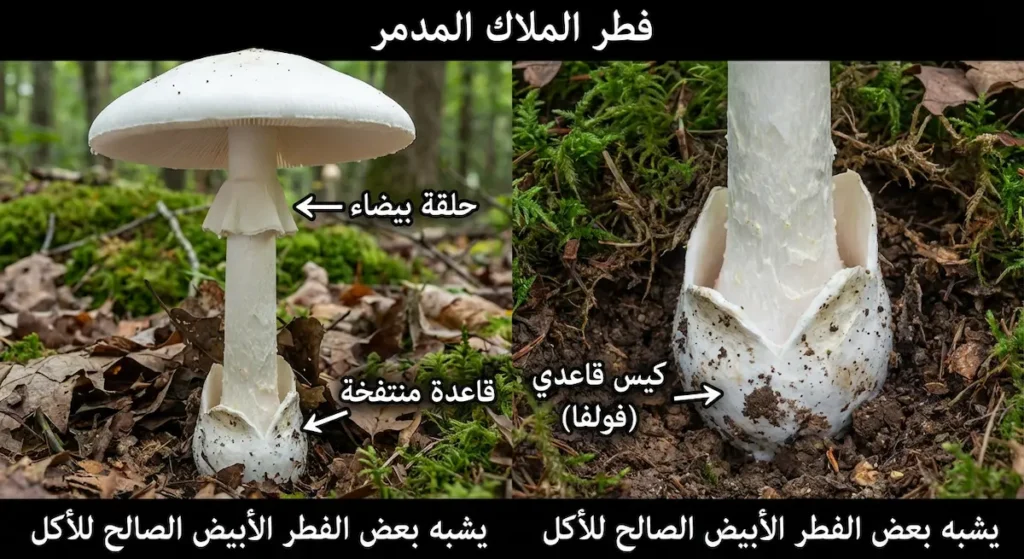 فطر أبيض بري مع تسميات عربية توضح حلقة بيضاء وقاعدة منتفخة وكيس قاعدي (فولفا) وتحذير من التشابه