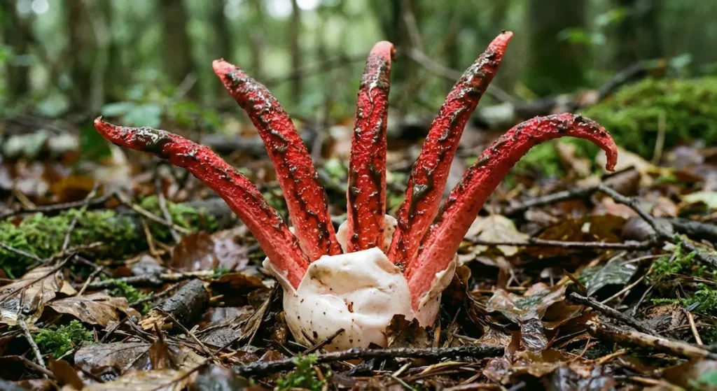 فطر أصابع الشيطان بأذرعه الحمراء الخمس يخرج من بيضة بيضاء منشقة على أرضية غابة