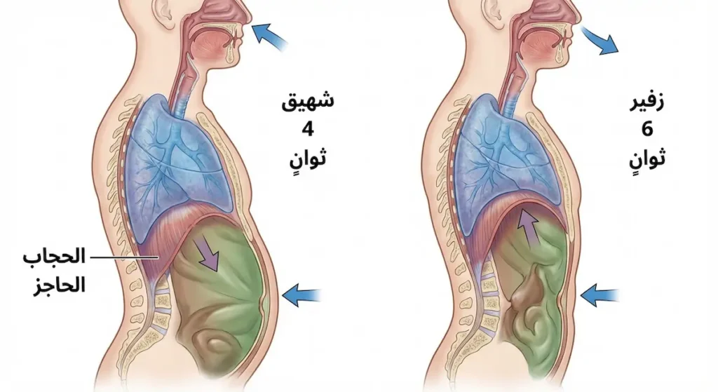 رسم توضيحي يُظهر آلية التنفس الحجابي مع حركة الحجاب الحاجز أثناء الشهيق والزفير