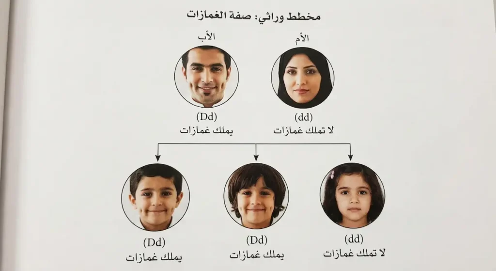 مخطط وراثي يوضح انتقال صفة الغمازات السائدة من الأب الهجين إلى ثلاثة أطفال
