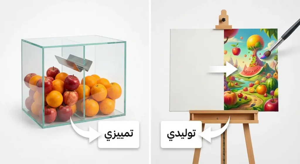  مقارنة بصرية بين الذكاء التمييزي الذي يُصنف الأشياء والذكاء التوليدي الذي يُنشئ محتوى جديداً