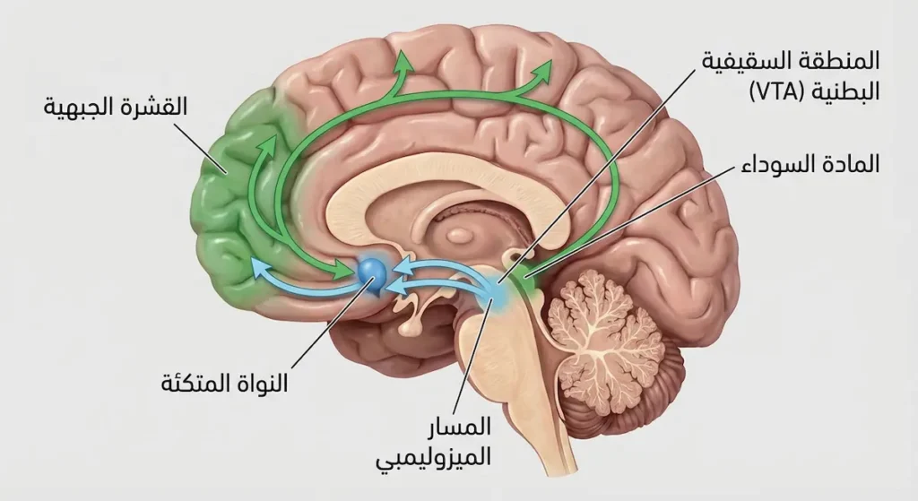 مقطع تشريحي للدماغ البشري يُظهر مسارات الدوبامين من المنطقة السقيفية البطنية والمادة السوداء إلى النواة المتكئة والقشرة الجبهية