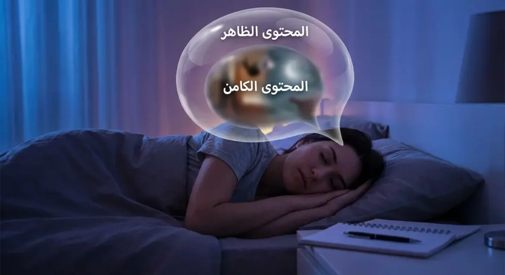 شخص نائم مع فقاعة حلم فوق رأسه تُظهر المحتوى الظاهر والمحتوى الكامن للحلم