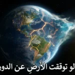 صورة تخيلية لكوكب الأرض يتوقف فجأة عن الدوران مع ظهور تشققات وانطلاق المحيطات، وعبارة "ماذا لو توقفت الأرض عن الدوران؟"