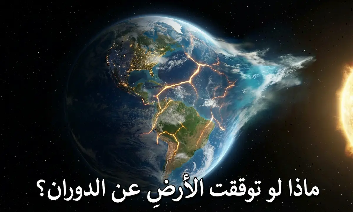 صورة تخيلية لكوكب الأرض يتوقف فجأة عن الدوران مع ظهور تشققات وانطلاق المحيطات، وعبارة "ماذا لو توقفت الأرض عن الدوران؟"