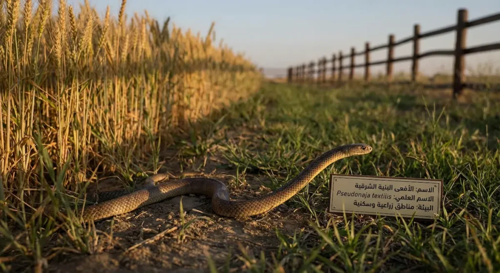 الأفعى البنية الشرقية قرب منطقة زراعية مع بطاقة تعريف عربية.
