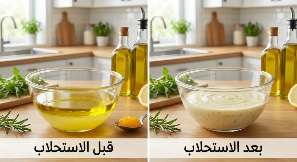 مقارنة بين وعائين: الأول يُظهر انفصال الزيت عن الماء، والثاني يُظهر خليطاً متجانساً بعد إضافة صفار البيض الحاوي على الليسيثين