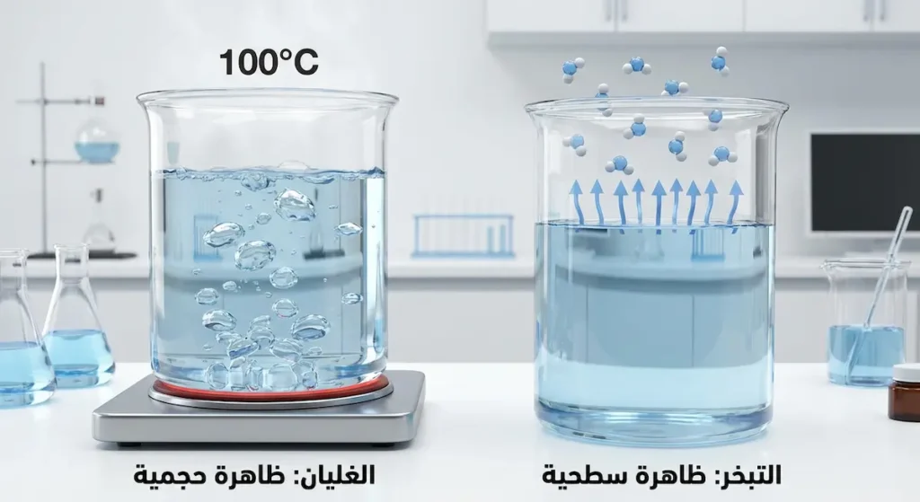 مقارنة علمية توضح أن التبخر يحدث على سطح السائل فقط بينما الغليان يحدث في كامل حجم السائل