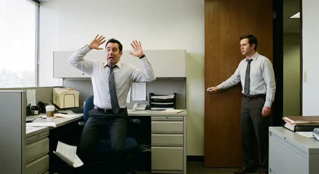 شخص في مكتب يقفز بفزع من صوت إغلاق باب بينما ينظر إليه زميله باستغراب