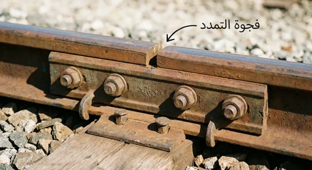 صورة مقربة لفجوة التمدد بين قضيبين حديديين متجاورين في سكة حديدية مع ظهور وصلة السمكة والبراغي
