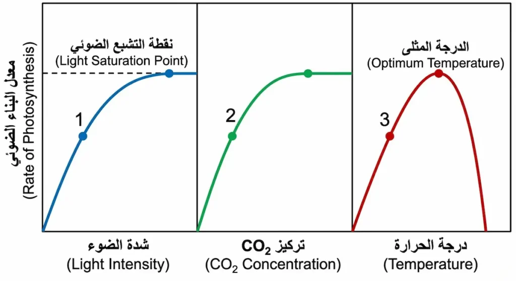  ثلاثة رسوم بيانية توضح تأثير شدة الضوء وتركيز ثاني أكسيد الكربون ودرجة الحرارة على معدل البناء الضوئي
