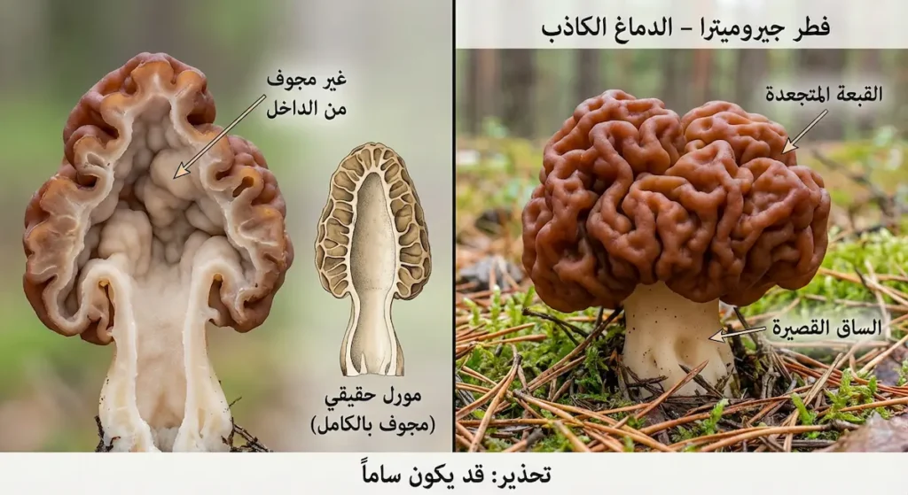 صورة مقارنة تُظهر فطر جيروميترا بقبعة متجعدة ومقطع يوضح أنه غير مجوف، مقابل مورل حقيقي مجوف بالكامل مع تسميات عربية