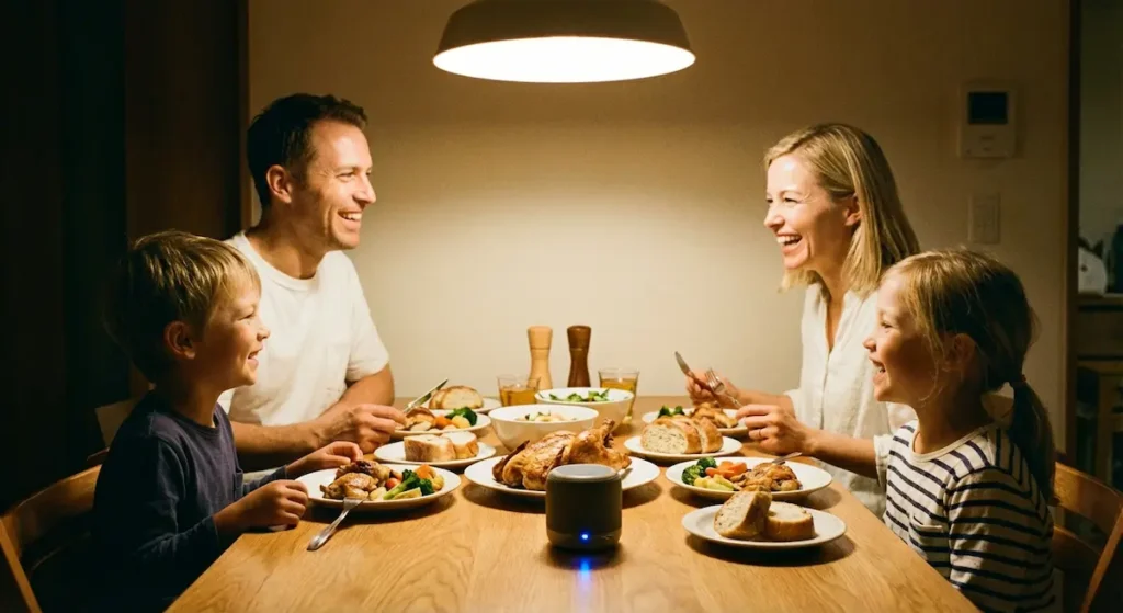 عائلة تتناول العشاء معاً مع وجود سماعة بلوتوث على الطاولة لتشغيل موسيقى خلفية