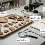 شظايا فخارية مرتبة على طاولة مختبر آثار بجانب قدمة قياس وعدسة مكبرة ودفتر توثيق ومجهر استقطابي مع تسميات عربية