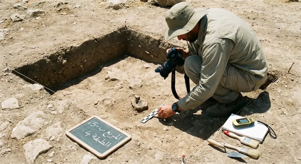 عالم آثار يوثق لقية أثرية في موقع التنقيب باستخدام كاميرا ومسطرة قياس ولوحة تعريف