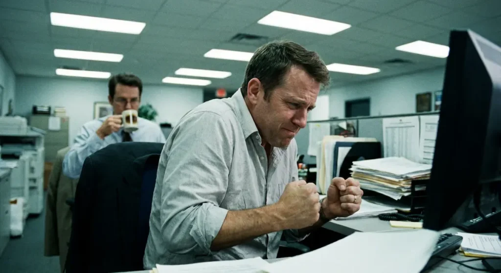 شخص في بيئة مكتبية يظهر عليه التوتر الجسدي الشديد مع قبضتين مضمومتين وكتفين مشدودتين