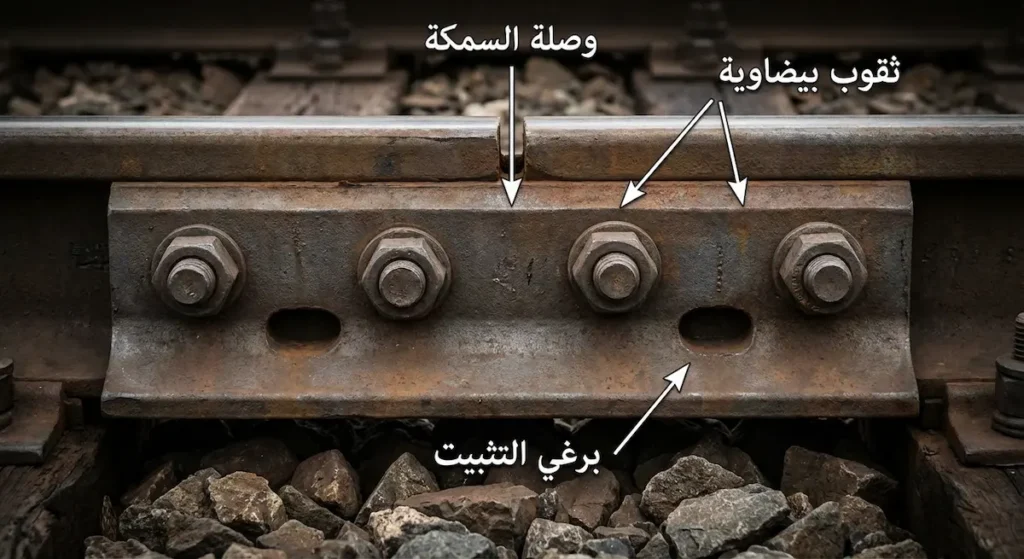 وصلة السمكة المعدنية مثبتة على جانبي قضيبين حديديين متجاورين مع ظهور البراغي والثقوب البيضاوية