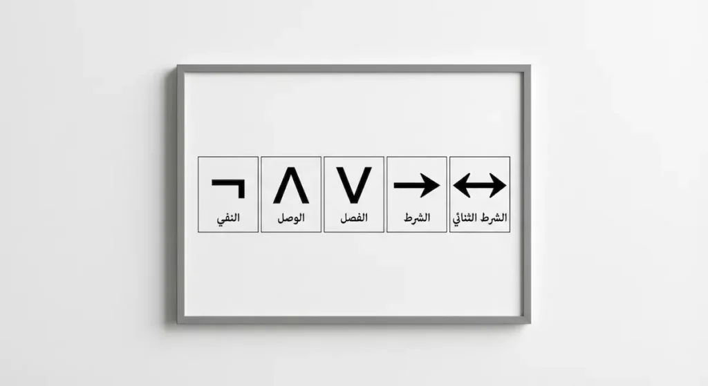  ملصق تعليمي يعرض رموز أدوات الربط المنطقي الخمس النفي والوصل والفصل والشرط والشرط الثنائي