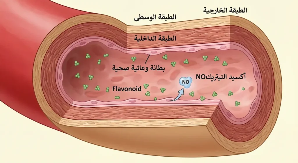  رسم توضيحي لمقطع عرضي في شريان دموي يُظهر كيف تُحسن الفلافونويدات وظيفة البطانة الوعائية وتُحفز إنتاج أكسيد النيتريك