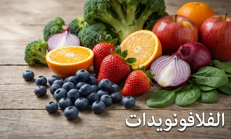 تشكيلة متنوعة من الفواكه والخضروات الغنية بالفلافونويدات تشمل التوت والبرتقال والتفاح والبروكلي والبصل مرتبة على سطح خشبي مع كلمة الفلافونويدات