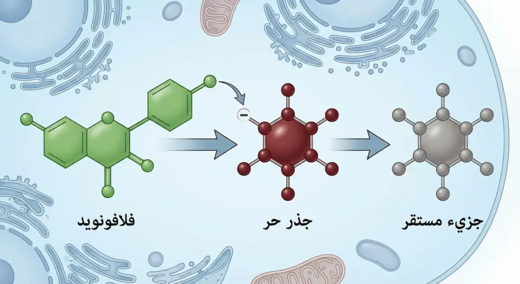  رسم توضيحي يُظهر كيف يتبرع جزيء الفلافونويد بإلكترون للجذر الحر ليُحوله إلى جزيء مستقر غير ضار
