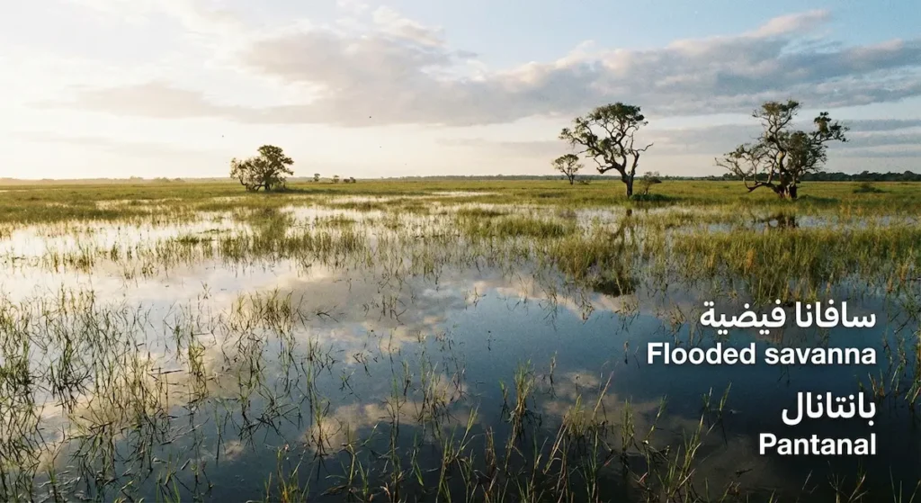 مشهد واقعي لسافانا فيضية مع مياه ضحلة بين الحشائش وأشجار متناثرة في بانتانال.