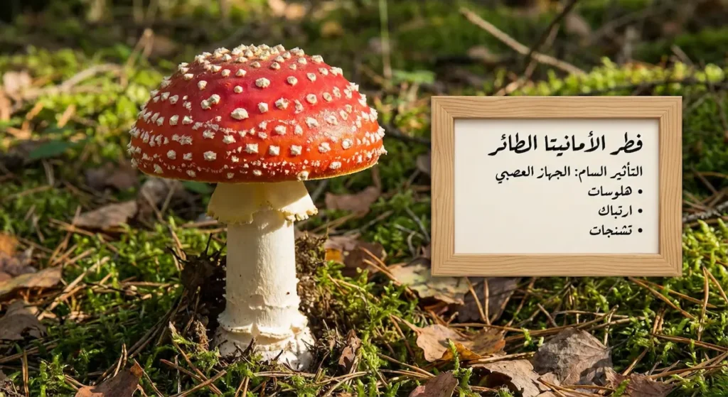 فطر أحمر منقط بالأبيض مع مربع معلومات عربي يذكر تأثيره على الجهاز العصبي وأعراض مثل هلوسات وارتباك وتشنجات.