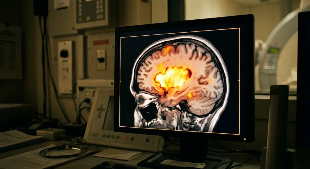 شاشة كمبيوتر تعرض صورة رنين مغناطيسي وظيفي للدماغ مع مناطق نشاط مُضاءة بألوان حرارية