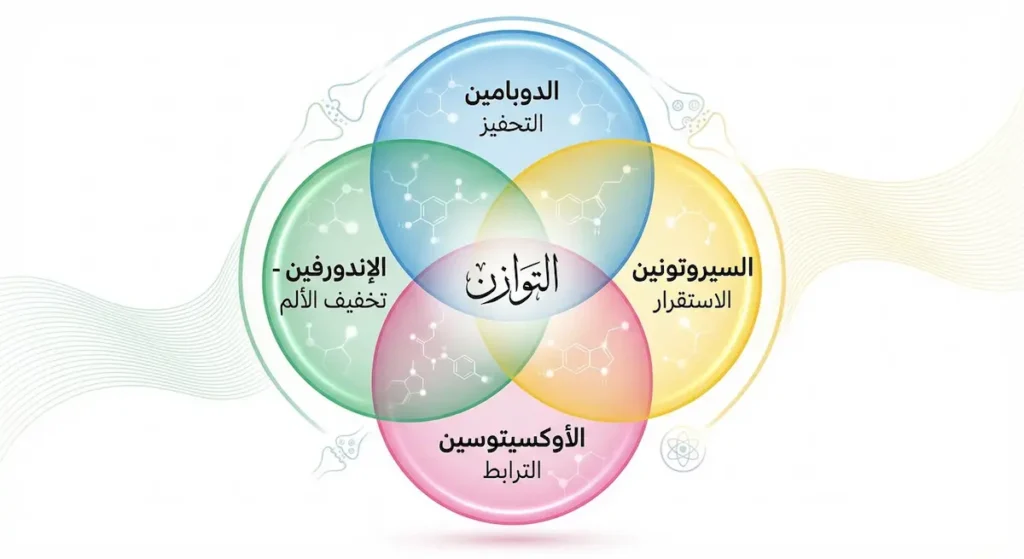 رسم توضيحي يُظهر أربع دوائر متداخلة تمثل الدوبامين والسيروتونين والإندورفين والأوكسيتوسين مع كلمة التوازن في المركز