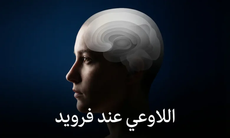 صورة فنية واقعية لوجه إنسان من الجانب يُظهر طبقات الوعي واللاوعي داخل العقل مع عبارة اللاوعي عند فرويد