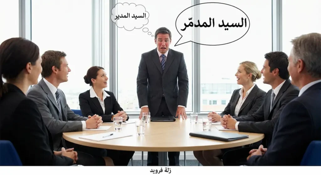  رجل في اجتماع عمل يُظهر الحرج بعد زلة لسان حيث قال المدمر بدلاً من المدير